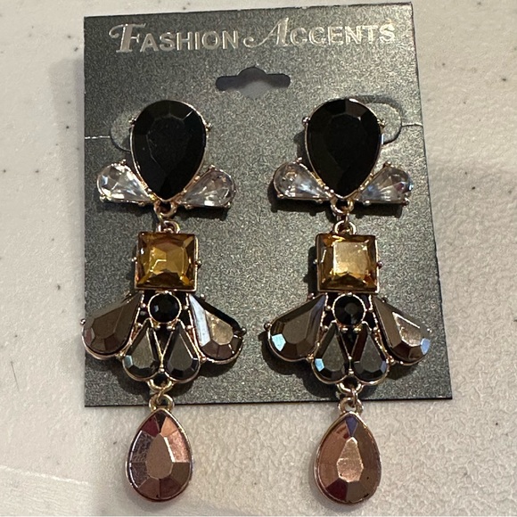 NWT Fashion Accents Earrings gold w/ black, yellow, topaz, clear jewel clusters - Picture 5 of 9